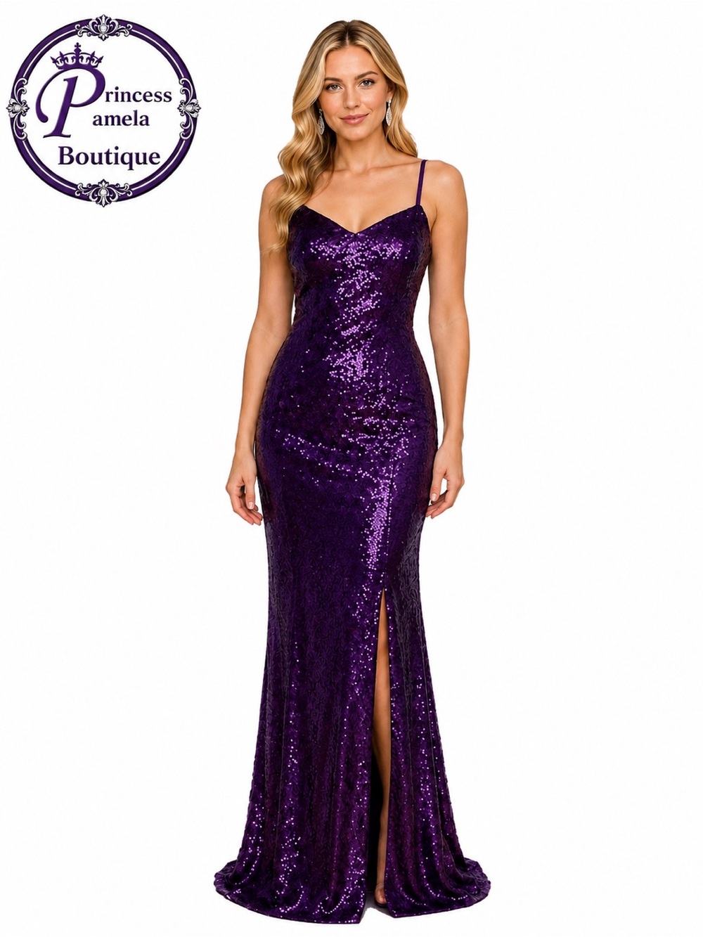 #13-14 Purple sequins Spaghetti straps high slit lace back gown-Small/Size 4
